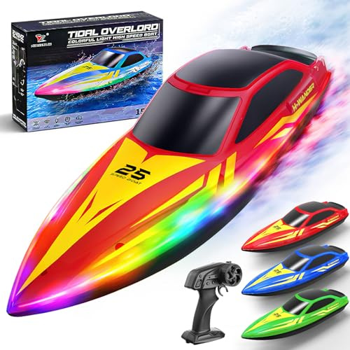 Remote Control Boat with 7-Mode Colorful LED Lights,10 Inch RC Boat,15KM/H High Speed,2.4GHz ,3 Speed Modes,2 Rechargeable Batteries,Auto Flip Recovery,Pool & Lake Racing Gifts for Kids & Adults.—RED