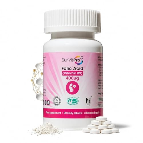 SunVit-Pro Folic Acid Tablets 400mcg – Pregnancy Supplement for Women, Supports Red Blood Cell Formation Health & B9 Vitamin, Prenatal Vitamins Vegan & Gluten-Free, 90 Count