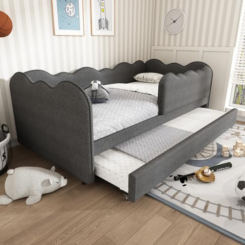 Merax Upholstered Kids Daybed with Pull-Out Trundle, 3FT Single Bed 90 x 190 cm, Sofa Bed for Adults & Children, Linen Grey, Space-Saving Single Daybed with Slatted Frame – No Mattress