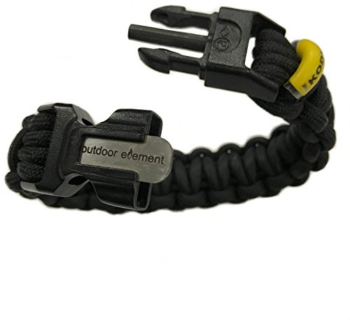 OUTDOOR ELEMENT Kodiak Survival Bracelet - Fire-Starter, Survival Paracord, Tinder, Fishing Line and Hook | Black - Small