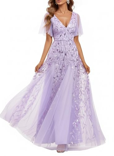 Ever-Pretty Women's Sequin Formal Dress Sparkly V-Neck Short Sleeve A-Line Floor Length Prom Evening Gown Lavender US18