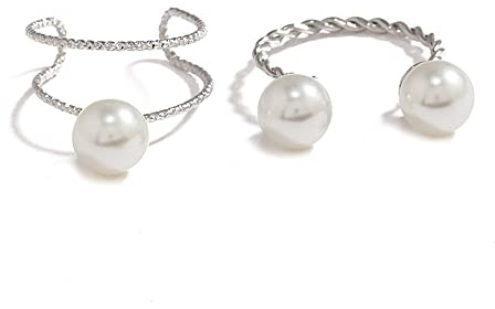 Dtja 2pcs Shell Pearl Adjustable Wedding Statement Rings for Women Girls Expandable Twisted Layered Open Wrap Rings Comfort Fit Fashion Delicate Birthday Christmas Party Jewelry Gifts (Silver-Toned)