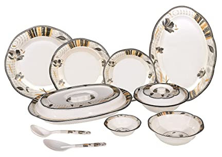 Set di stoviglie in melamina da 36 pezzi, design contemporaneo con stampa floreale, infrangibile, leggero, con piatti e ciotole con doppia perla, smalti reattivi solidi (grigio e arancione)