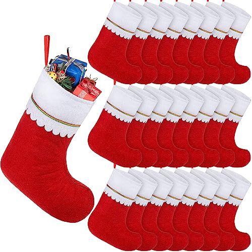 Fovths 24 Pack Red Christmas Felt Stockings 15 Inch Red White Christmas Stocking Stuffer with Trim Accents Red Ribbon Christmas Tree Fireplace Hanging Stockings for Christmas Party Favors Holiday