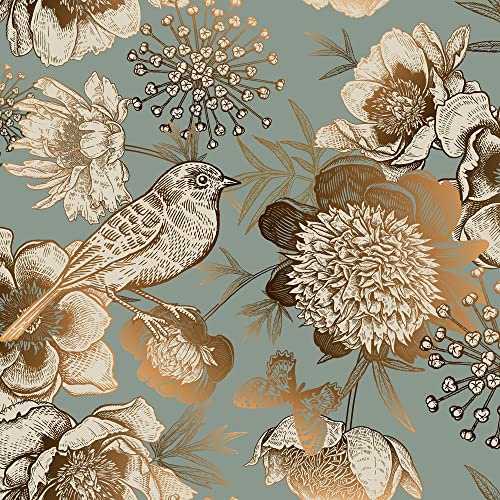 ReWallpaper 44.5cm x 12m Wallpaper Self Adhesive for Walls Vintage Peel and Stick Wallpaper Green Vinyl Wrap for Furniture Pattern Floral Green Gold Wall Paper with Birds Living Room