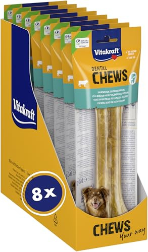 Vitakraft Dental Chews, huesos masticables para perros, huesos masticables hechos de piel de vacuno, para la limpieza de los dientes y la higiene bucal, sin azúcar añadido (8x 160g)