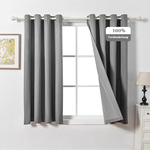 MYSKY HOME Vorhänge Blickdicht Thermovorhang Gardinen Kurz Schlafzimmer Hitzeschutz Gardine mit Ösen für Wohnzimmer Verdunklungsvorhänge,2er Set H 160 x B 140 cm,Dunkelgrau.