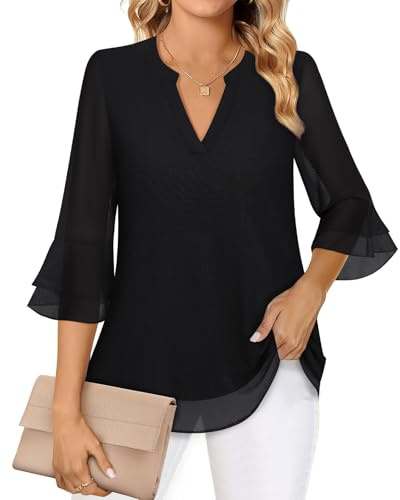 Akiooue Camicette da Donna con Maniche a 3/4 a Campana, Top Tunica Casual Eleganti con Scollo a V, Camicie a Doppio Strato in Chiffon da Lavoro S-3XL, Nero tinta unita., S