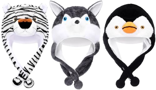 Cotwinter 3 Pcs Cute Plush Animal Hat Soft Warm Hat with Ear Flap for Winter Plush Cap for Ski Winter(Penguin, Wolf, Tiger)