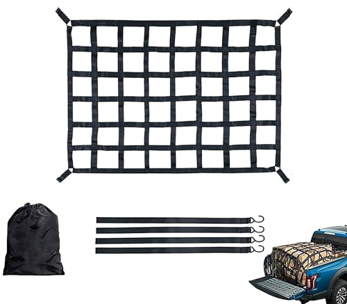 Gepäcknetz für Pickup LKW Ladefläche [127x106CM] – Reißfest Schwerlast Anhängernetz Ladeflächennetz Gepäcknetz mit 4 Festen Gurten, Verstellbar Heckklappe Frachtnetz für Pickup Truck Anhänger