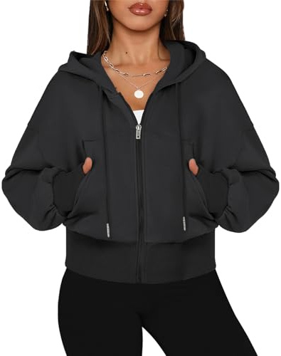 OLIPHEE Sweats à Capuche Femme Veste Courte avec Fermeture Éclair Grandes Poches Veste à Capuche Femme Couleur Unie Manteau Zippé Casual Y2k Automne Hiver