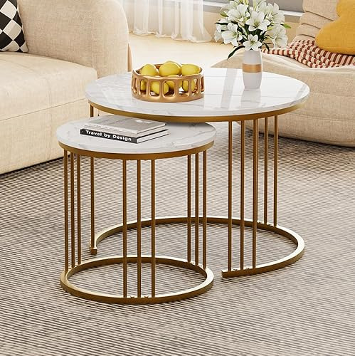 Garden 4 you Couchtisch Rund, Satztisch 2er Set, Wohnzimmertisch Modern, Couchtisch aus Holz, Beistelltisch Set Rund, Kaffeetisch, Sofatisch, Tischkombination fürs Wohnzimmer Büro Balkon (Gold)