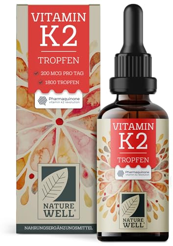 Vitamin K2 Tropfen 1800x (50ml) - mit 200 µg Vitamin K2 MK7 pro Tagesportion - Premium-Rohstoff Pharmaquinone® mit 99,7+% all-trans-Gehalt - laborgeprüft mit Zertifikat - 100% vegan