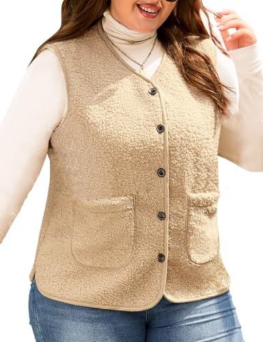 Yuson Girl Gilet da Donna in Pile Taglie Forti Invernale Smanicato Teddy Felpato Giacca Giubbotto senza Maniche Elegante Termico Button Gilets Autunno Panciotto con Tasche(Khaki, 4XL)