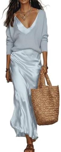 Robe en satin sexy pour femme - Bretelles spaghetti - Robe en satin deux pièces avec chemisier en tricot à manches longues - Robe longue décontractée - Robe de fête élégante - Tenues d'été pour femme