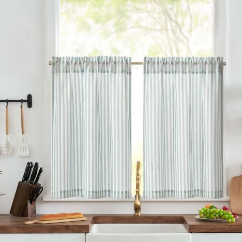 TOPICK Light Blue Striped Linen Look Kitchen Curtains, Cafe Curtain W26xL30 | 2 Panels 30 Inch Drop, Rod Pocket Small Window Drapes for Living Room, Bathroom, Cupboard, Bedroom, Light Filtering Pinstripe