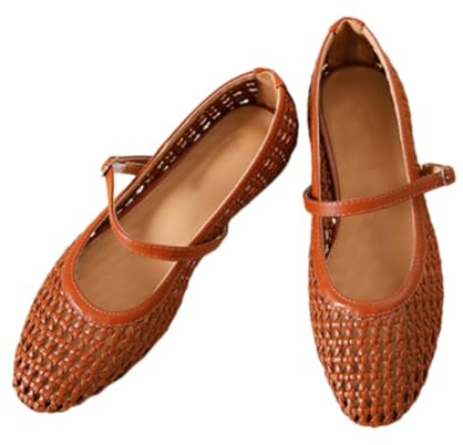 ,Marrón,39,Zapatos Planos Mary Jane de Piel Tejida Perforada para Mujer, con Correa de Hebilla, Estilo Bailarina, Ideales para el Verano, Uso Casual en la Oficina o a Diario