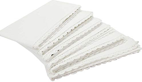 Linen Clubs - Slub Cotton Dinner Napkins with Crochet Lace - White - 16x16 (Set of 6) - 100% Egyptian Slub Cotton with Linen Look - Elegant Cloth - Super value Hand made Ladder Lace Look Napkins