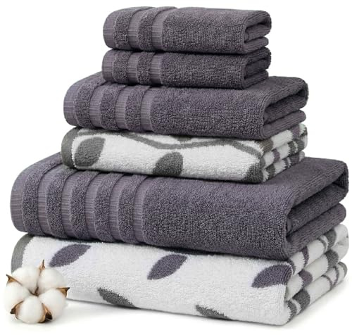 Amrapur 6 pc Yarn Dyed towel Organic Vines Grey Lavender, Cotton, Single