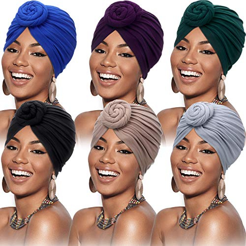 6 Piezas Turbantes Africanos de Mujeres Envoltura de Cabeza Gorro de Nudo Pre-Atado de Flores (Negro, Azul Real, Gris, Camello, Púrpura, Verde)
