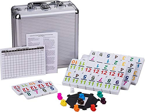 Jeu de Dominos Mexicains pour Adultes - Ensemble Classique avec Boîtier en Aluminium, Hub, 9 Trains Colorés, 91 Dalles Numérotées (2 à 8 Joueurs)
