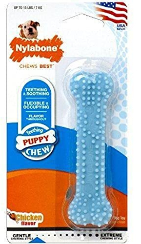 NYLABONE, Puppy Chew Bone and Dental Care Toy for Teething Puppies - Soothing Chew Bone - for Extra Small Puppies up to 7 kg - for Gently Chewing/Teething Dogs - Chicken Flavour - Blue