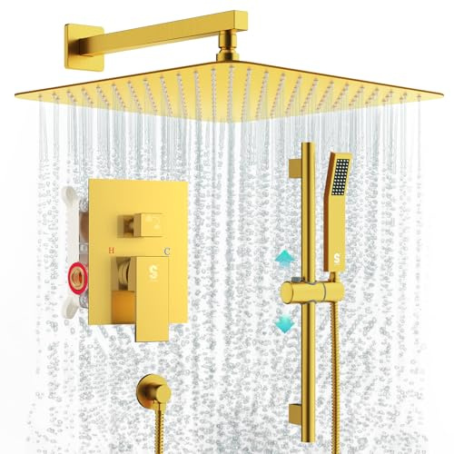 SR SUN RISE 12 Inch Brushed Gold Shower Faucet Set, Wall-Mount Adjustable 16-Inch Slide Bar with Square Hand Shower System Included Valve and Trim Kit