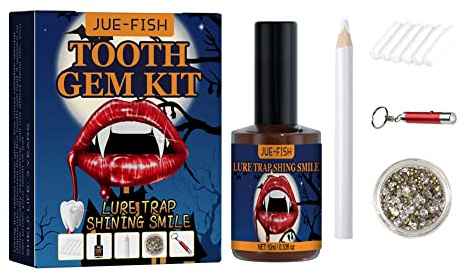 Juego de joyas dentales con pegamento para dientes profesional de sarro con endurecimiento de la luz y pegamento Teeth Gems Kit para decoración de dientes reflectante para Halloween