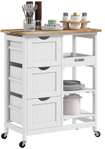 HOMCOM Desserte de cuisine à roulettes, chariot de service, plan de travail en bois d'hévéa, 3 tiroirs, plateau amovible, 2 étagères à lattes, chariot de cuisine et salle à manger, 67x37x85,5cm, blanc