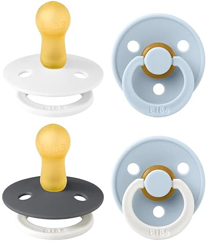 BIBS Dummies Colour 4-Pack, BPA Free Dummy Pacifier, Round Nipple Soothers, Natural Rubber Latex, Made in Denmark. 6-18 Months (Pack of 4), White Glow Mix