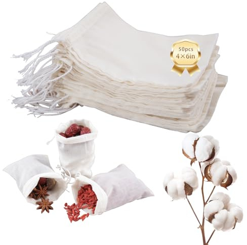 50pcs Spice Bags,4x6 In Muslin Bags with Drawstring,safe and natural Cotton material,Unbleached White Tea Filter Bags,Cheesecloth Bags for Coffee,Tea,Soup etc.