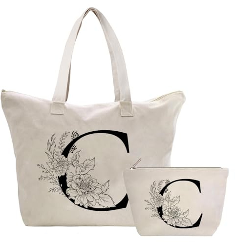 Toozen Sac Fourre-Tout en Toile avec Initiale Fleur, Personnalisés Sac Tote bag en Toile Coton Trousse de Maquillage, Idéal pour Mariage Anniversaire Noël, Cadeau pour Femmes Amis Maman Sœurs C