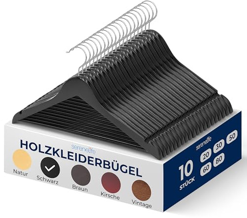 SereneLife 10-Pack Wooden Coat Hangers – Durable Suit Hangers with 360° Swivel Hook & Notches – Slim Design for Sweater, Shirts, Jackets, Dresses, and More