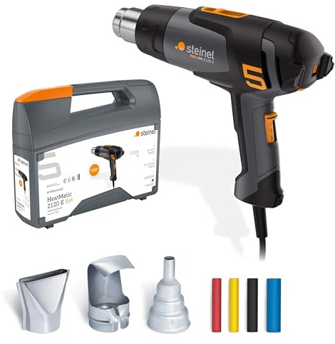 Steinel Heißluftpistole HM 2120 E Set, inkl. Düsen und Schrumpfschläuche, 2200 W Heißluftgebläse, Temperatur 80°-650°C, Heißluftfön mit Keramikheizung
