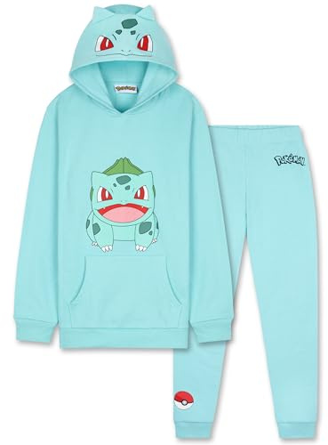 Pokémon Tuta Bambino e Adolescenti, 2 Pz Comodo Felpa con Cappuccio e Pantaloni Tuta Bambino, Anime Regalo Ragazzo (7-8 Anni, Verde Bulbasaur)