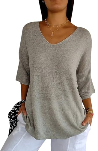 Jersey Punto Mujer Cuello V Jerséis Mujer Pullover Sweater Women Sueter Punto Mujer Primavera Jerseys Mujeres Jersey de Cuello Pico Fino Oversize Punto Ancho Señora Suéter Tejido para Mujer Gris 5XL