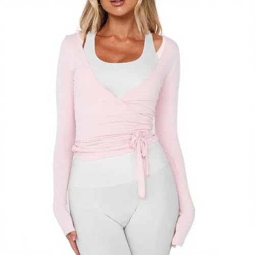 Maglia da Donna a Maniche Lunghe con Scollo a V Profondo e Cravatta Incrociata per Allenamento, Balletto, Pilates, Yoga, Rosa, M