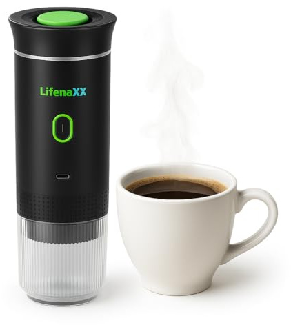 Lifenaxx bärbar kaffebryggare med uppladdningsbart batteri & USB-C LX-060 – 20 Bar Mini Espressomaskin för Kaffekapslar & Malet Kaffe – Kompakt Sladdlös Kaffebryggare för Resor, Camping, Bil & Kontor