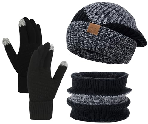BSITSSS Conjunto Bufanda y Gorro y Guantes Hombre Mujer, Set de Bufanda Gorro Guantes Manténgase Abrigado, Gorro Invierno + Bufanda Tubular + Guantes de Pantalla Táctil para Ciclismo Caza Escalada