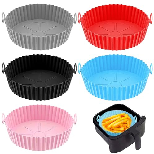 Quorumsg 5 Pezzi Teglia per Friggitrice Ad Aria, 20 x 17 x 5cm Rotondo Teglie per Friggitrice Ad Aria, Riutilizzabile Teglia in Silicone per Air Fryer, per Microonde, Forno(Cinque Colori)