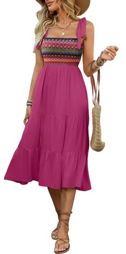 KUNJLELP Robe Femme Été Bohème sans Manches Robe Midi à Bretelles Nouées avec Smock Ethnique Robe Casual A-Line Fluide pour Plage Vacances