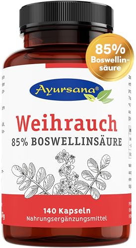 Ayursana Weihrauch Kapseln (140 Stück), 970 mg Weihrauchextrakt je Tagesdosis, 85% Boswelliasäure, mit Bio-Traubenkernextrakt, vegan, hochdosiert, Apothekenqualität aus Deutschland,
