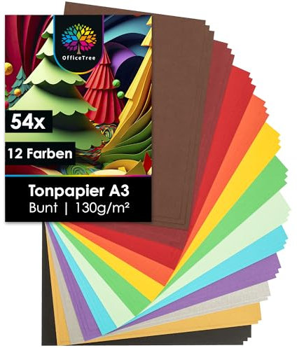 OfficeTree 54x Album Cartoncini Colorati A3 130g - 12 Colori - Risma A3 Colorata per Fare Bricolage - Cartoncino Colorato Stampabile - Album con Fogli Colorati Elementari - Risma Fogli Colorati