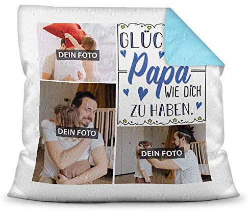 Print Royal Foto-Kissen inkl. Füllung zum Selbstgestalten - für Papa - mit eigener Collage und Spruch - Bestes Fotogeschenk/Geburtstagsgeschenk - Farbkissen Rückseite Hellblau