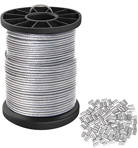 Vinyl Coated Picture Hanging Wire 1.5mm Up to 150lbs,100 Feet(30.5M) Stainless Steel Picture Wire Spool with 40Pcs Aluminum Crimping Sleeves,Heavy Wire for Hanging Picture Frame,Artwork,String Light