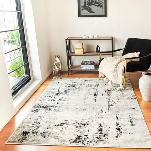 Livabliss Kyoto Wohnzimmer modern – Abstrakt Design in Marmor Optik für Wohnzimmer 152x213 cm, Esszimmer, Schlafzimmer - Marmor e groß, weicher Kurzflor in Elfenbein, Grau, Schwarz