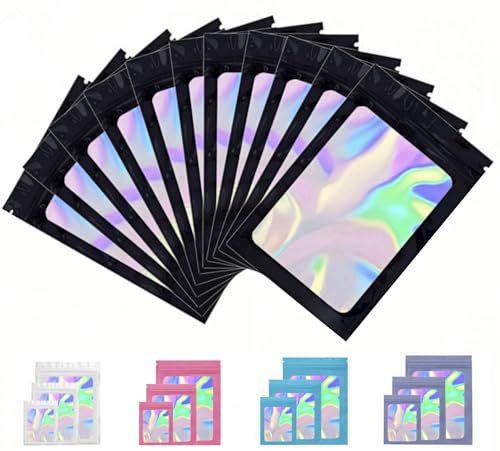 Rimiko 50 Piezas de Bolsa Aluminio Resellable, Bolsa Mylar Hermética para Alimentos, Bolsas Planas Ziplock con Ventana Transparente para el Embalaje de Productos (Negro y Holográfico, 9x16cm)