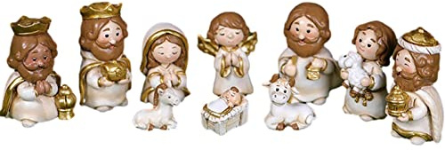 10 Pezzi Set Presepe di Natale in Resina, Presepe Natalizio Completo con 7 Figure, Figure del Presepe, Statue Presepe, Mangiatoia Presepe di Natale Statuine per decorazioni di ufficio domestico Chiesa