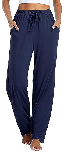 Vlazom Pyjamasbyxor för kvinnor, mjuka vardagsbyxor, sovande loungebyxor med fickor, dragsko S-XXL, A-marinblå, XXL