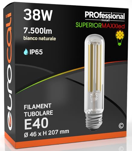Eurocali Lampada LED E40 38W Tubolare 7500 lumen Filamento Bianco Naturale 4000K - Sostituzione Alogenuri Metallici - Alta Efficienza 197 lm/W - Impermeabile IP65 - diffusore in vetro trasparente